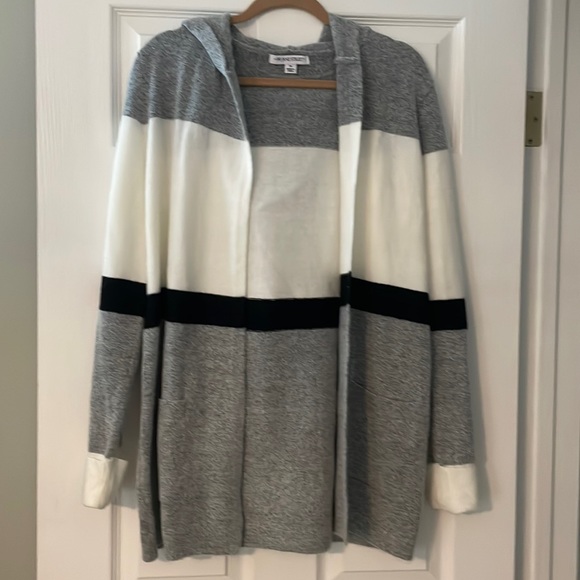 Sweaters - Black, grey, and white hooded cardigan sweater.